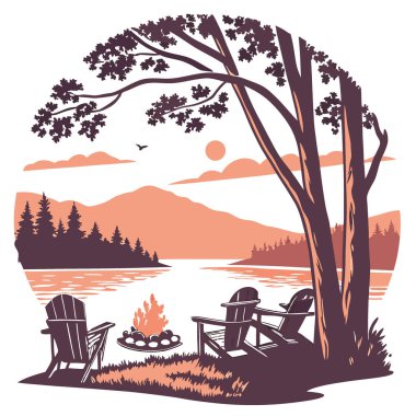 Gün batımının sakin manzarası, su kenarındaki ateş çukurunun etrafında Adirondack sandalyeleri. Ağaçlarla çevrili. Yapay zeka üretildi. Vektör simgesi