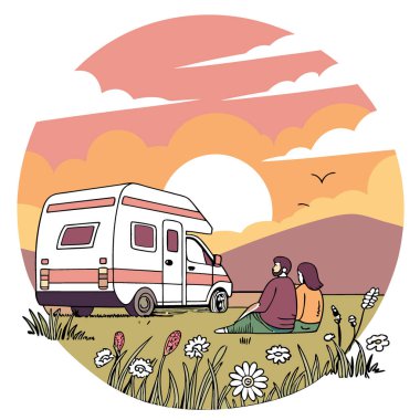 Bir çift karavanlarının dışında rahatça oturuyor. Birlikte kırsalda güzel bir günbatımının tadını çıkarıyorlardı. Yapay zeka üretildi. Vektör simgesi