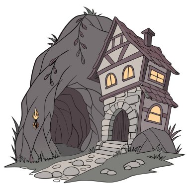 Terk Edilmiş Çizgi Film Evi ve Yanan Ateşli Sihirli Taş Mağara Girişi. Rocky Tüneli ve Sondaki Işık. Yapay zeka üretildi. Vektör simgesi