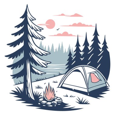 Sabah güneşli bir gölün yakınındaki çam ağaçlarının altında kamp yapmak. Metin veya tasarım eklemek için uzay resim mekanını kopyalamak. Yapay zeka üretildi. Vektör simgesi