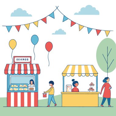 Renkli Oyunlarla Toplum Okulu Karnavalı Bağış Gecesi. Yiyecek tezgahları. Açık Mavi Gök Altında Faaliyetler. Yapay zeka üretildi. Vektör simgesi