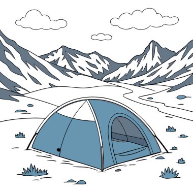 Dağlarda yüksek bir yerde, dağların görkemli manzaralı karla kaplı mavi bir çadır. Yapay zeka üretildi. Vektör simgesi