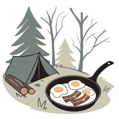 Pastırma ve yumurtalarla birlikte dökme demir tavada kahvaltı. Ormanda tavada domuz pastırmalı yumurta ve yapay zeka üretildi. Vektör simgesi
