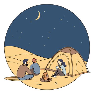 Yıldızlı bir gökyüzünün altında çölde kamp yapan arkadaşlar. Eşsiz bir yaz gezisi. İzole edilmiş beyaz arka plan. kopyalama alanı. Yapay zeka üretildi. Vektör simgesi
