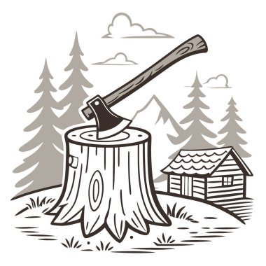 Oduncu için kereste doğramaya hazır baltayla gezme macerası için kamp malzemeleri. Yapay zeka üretildi. Vektör simgesi