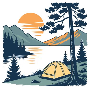 Dağ gölü kıyısında sakin bir kamp alanı. Sahilde bir çadır ve ağaçların arkasında güneş batarken yapay zeka üretildi. Vektör simgesi
