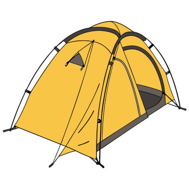 Açık sarı bir çadır, saf beyaz bir arka plana karşı kurulmuş. Yapay zekanın yarattığı büyük açık havada bir maceraya hazır olun. Vektör simgesi