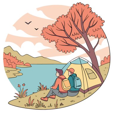 Sonbaharda kamp yapan bir çift. Göl kenarında sırt çantalı bir çadırın yanında oturuyordum. Yapay zekanın yarattığı barışçıl doğanın tadını çıkarıyorum. Vektör simgesi