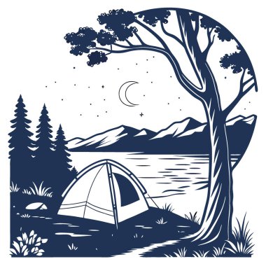 Yıldızlı gece gökyüzünün altında çadırı olan sakin bir göl kenarı kamp alanı. Yapay zekanın ürettiği katı beyaz arka planda izole edilmiş. Vektör simgesi