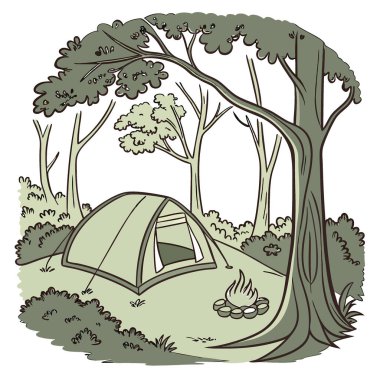 Orman kamp alanı içinde bir kamp çadırı. Huzurlu ve huzurlu bir sahneyi tasvir ederken etrafta hiç insan yoktu. Vektör simgesi
