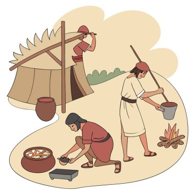 Antik yemek pişirme yöntemlerinin tarihi bir canlandırması. Yapay zekanın ürettiği aşçılık tarihine ve geleneklere göz atmak. Vektör simgesi