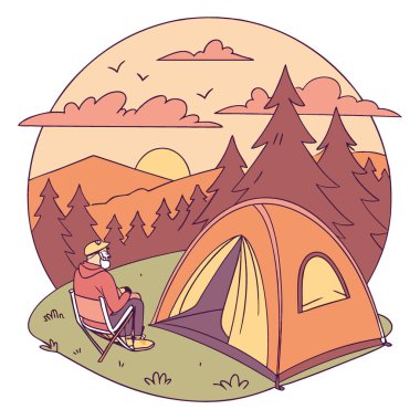 Turuncu bir çadırda dinlenen gezgin ulusal parktaki sonbahar ormanlarında gün batımının tadını çıkarıyor. Yapay zeka üretildi. Vektör simgesi