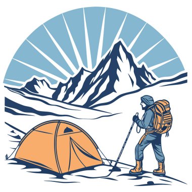 Karlı bir dağ manzarasında, gün doğumunda turuncu bir çadırın yanında bir dağcı. Yapay zekanın yarattığı somut macera ve yalnızlık. Vektör simgesi