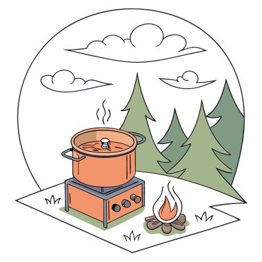 Portakallı bir tencere, taşınabilir bir ocağın üzerine, açık bir ateşle yerleştirilmiş. Kamp ve açık hava yemekleri için uygun yapay zeka. Vektör simgesi