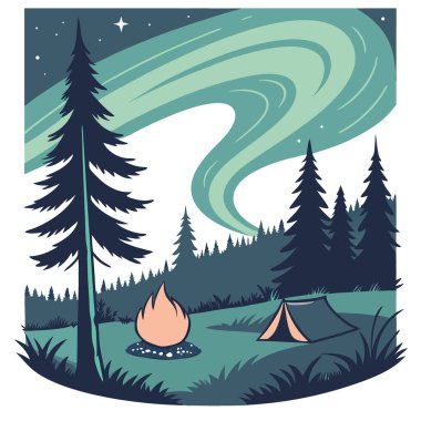 Orman manzarasının üzerindeki yıldızlı bir gecede kuzey ışıklarının canlı renkleriyle samimi bir kamp ateşi. Yapay zeka üretildi. Vektör simgesi