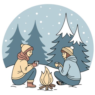 Sıcak giysili iki kişi karlı bir ormanda kamp ateşinin yanında oturuyor. Etraflarına kar yağarken sıcaklığın tadını çıkarıyorlar. Yapay zeka üretildi. Vektör simgesi