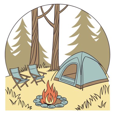 Sandalyelerin yanında odun yakan ve ormanda kamp çadırları olan güzel bir şenlik ateşi. Sandalye ve çadırın yanında kamp ateşi. Yapay zeka üretildi. Vektör simgesi