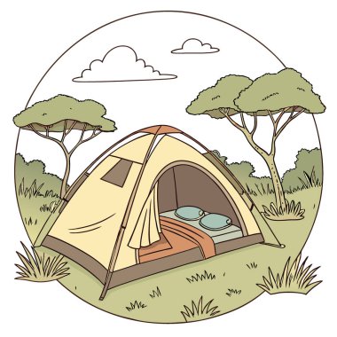 Yataklı çadır. Güney ülkesi. Gerçekçi yorumlama. Vahşi doğa kampı. Yapay zekanın ürettiği açık havada rahat bir uyku. Vektör simgesi