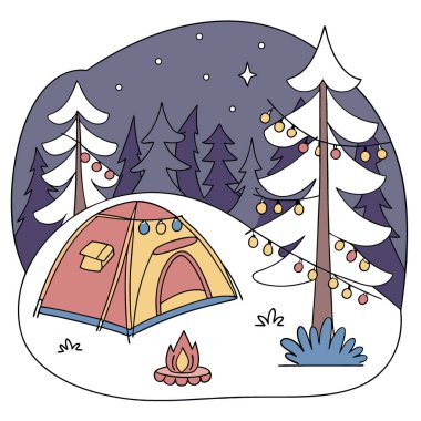 Tatil Kampı Eko-Arkadaş Yanlısı Noel Kampı Karanlığında Şen Orman Dekorasyonlarıyla donatılmış. Yapay zeka üretildi. Vektör simgesi