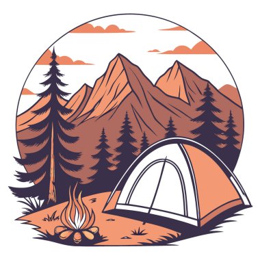 Gün batımında bir çadır ve dağların yanında bir kamp ateşi yanıyor. Seyahatin ve kişisel çıkarların özünü yansıtıyor. .. yapay zeka üretildi. Vektör simgesi