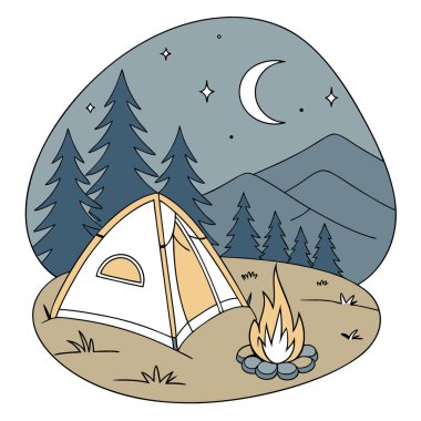 Yukarıda parıldayan yıldızlarla parlayan bir kamp ateşi. Sıcak ve davetkar. Gece parlama zamanı. Açık hava macerası ve dinginlik. Yapay zeka üretildi. Vektör simgesi
