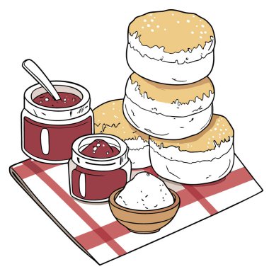 Bir yığın taze pişmiş çöreğe reçel kavanozları ve pıhtılaşmış kremayla birlikte klasik bir İngiliz piknik ziyafeti yapay zekası. Vektör simgesi