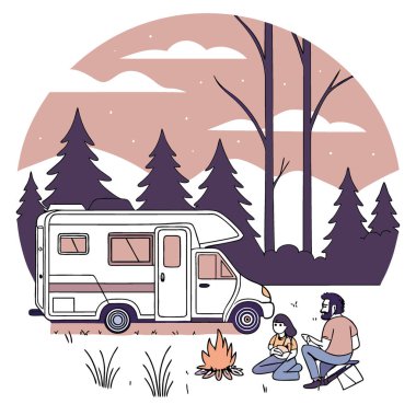 Bir aile, alacakaranlık gökyüzünün altında sakin bir akşamda karavanlarının dışında birlikte güzel vakit geçirir. Yapay zeka üretildi. Vektör simgesi