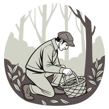 Ormanlık alanda çömelmiş bir adam. Bir sepet tutarak. Tuzak kuran bir avcının yeteneğini ve hassasiyetini oluşturun. Yapay zeka üretildi. Vektör simgesi
