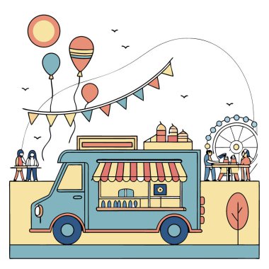 Kültür festivalinde çeşitli yemekler servis eden yemek kamyonu. Yapay zekanın ürettiği şenlikli mavi bir dekor ve canlı bir akşam atmosferiyle. Vektör simgesi