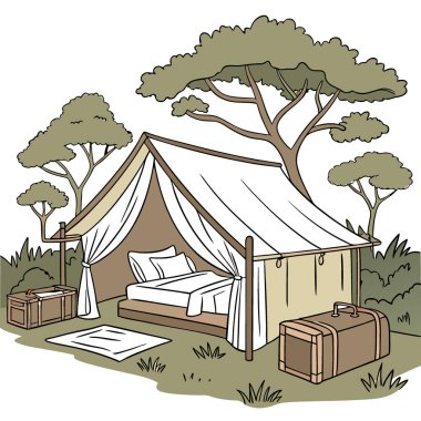 Safari Çadırı. Vahşi doğanın ortasına kurulmuş lüks bir safari çadırı. Dört posterli yatak ve eski sandıkla birlikte. Yapay zeka üretildi. Vektör simgesi