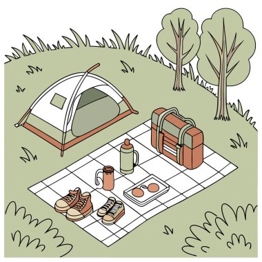 Ekose bir battaniyeyle düzenlenmiş temel açık hava teçhizatı ve ekipmanlarının üst görüntüsü. Yapay zekanın yarattığı macera meraklıları için mükemmel. Vektör simgesi