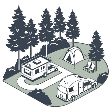 İnsansız hava aracı karavanlarla dolu bir kamp alanının panoramik görüntüsünü yakalar. Çadırlar. ve arabalar. Hepsi yüksek ağaçların arasına kurulmuş. Yapay zeka üretildi. Vektör simgesi