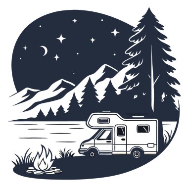 Huzurlu bir kamp sahnesi yıldızlı bir gökyüzünün altında sakin bir göl ve sıcak bir kamp ateşinin yanında yapay zekanın oluşturduğu bir karavan. Vektör simgesi