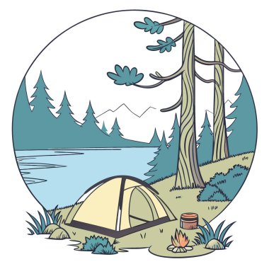 Huzurlu göl kenarı kamp yeri ve bir çadır. Açık havada gökyüzünü ve ormanı yansıtan temiz su. Yapay zeka üretildi. Vektör simgesi