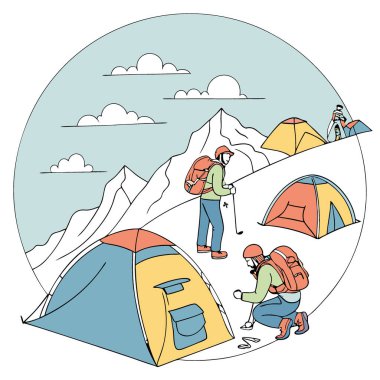 Everest Ana Kampı 'nda, Renkli Çadırlar ve Ekipmanlar Arasındaki Dağcılar ve Şerpalarla Yükseliş Öncesi Sabah. Yapay zeka üretildi. Vektör simgesi