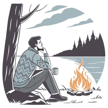 Süveter giymiş bir adam gölün yanında kamp ateşinin yanında oturur. Yapay zekanın oluşturduğu düşünceli bir ifadeyle alevlere bakmak. Vektör simgesi