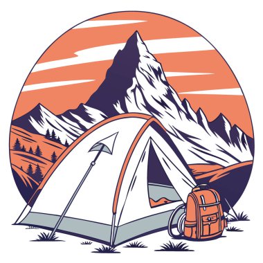 Güneşin doğuşunda çadırın kapağından bakan görkemli bir dağ manzarası. Yolculuk tutkusu hissi veriyor. Yapay zeka üretildi. Vektör simgesi