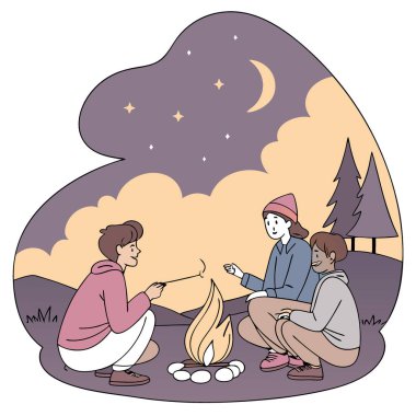 Dostlar alacakaranlık gökyüzünün altında toplanırken sıcak bir kamp ateşi parlıyor. Yapay zekanın yarattığı hikayeleri ve kalıcı anıları paylaşmak. Vektör simgesi