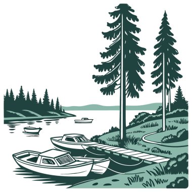 Finlandiya 'da pitoresk bir kamp alanında. Motorlu tekne. Kesiciler. Ve küçük balıkçı tekneleri bir rıhtıma bağlı. - Evet. Yapay zeka üretildi. Vektör simgesi