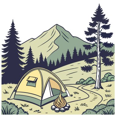 Ormanda kamp çadırı. Şenlik ateşiyle kamp. Çadır. Sırt çantası. Dağlı manzara. Orman ve kamp alanı yapay zeka üretildi. Vektör simgesi