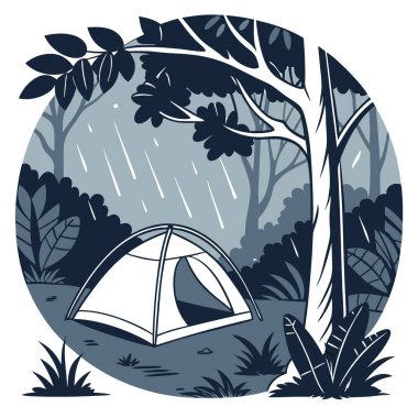 Doğa geçmişi. Ormandaki çadıra yağmur yağıyor. Tropik. Sessiz ol. Sakin ol. Huzur. Meditasyon. Kamp yapmak. İyi geceler. Sakin ol. Yapay zeka üretildi. Vektör simgesi
