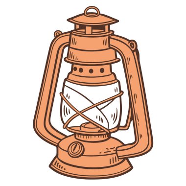 Beyaz arka planda izole edilmiş turuncu kamp feneri. Açık hava macerası ve yapay zekanın yarattığı kırsal dekor temaları için mükemmel. Vektör simgesi