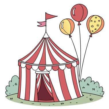 Kırmızı ve beyaz çizgili renkli bir sirk çadırı gösteri için hazır bekliyor. Havada süzülen balonlarla. Yapay zeka üretildi. Vektör simgesi