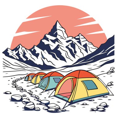 Gün batımında kayalık bir dağ ana kampında, arka planda karlı zirveler bulunan renkli kamp çadırları yapay zeka tarafından oluşturuldu. Vektör simgesi