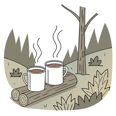 Açık hava kamp ateşinin yanında, ahşap kütüğün üzerinde iki adet sıcak, metal mineli çay. Yapay zekanın yarattığı şenlik ateşinden sıcak bir içecek içmek. Vektör simgesi
