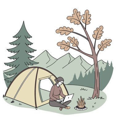 Doğanın içinde çalışmak. Sakin dağlara bakan bir çadır tarafından kurulmuş bir dizüstü bilgisayar. Çalışmanın ve eğlencenin birleşimi. Yapay zeka üretildi. Vektör simgesi