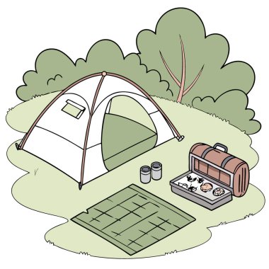 Düzgünce organize edilmiş kamp malzemeleri ve bir çadır. Uyku tulumu. Ve çimenli bir yüzeye dizilmiş taşınabilir soba. Yapay zeka üretildi. Vektör simgesi