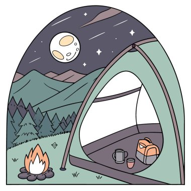 Turist çadırının içinden bak. Dağların ve tepelerin yakınında gece kampı. Güzel bir akşam gökyüzünün altında yanan kamp ateşi yapay zeka oluşturdu. Vektör simgesi