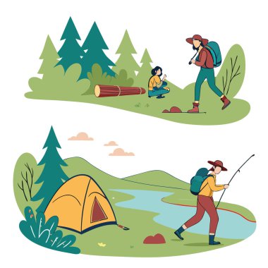 Macera arayanlar ve açık hava hobileri için kamp faaliyetleri. Yürüyüşü destekliyorum. Balık tutmak. ve diğer açık hava aktiviteleri. Yapay zeka üretildi. Vektör simgesi