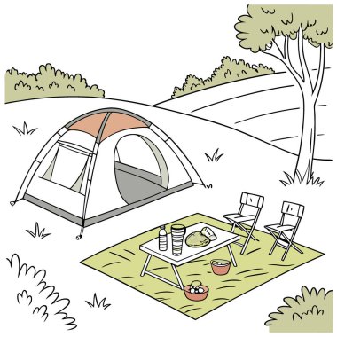 Geniş çimlerin üzerinde bir çadır. Birkaç katlanır sandalyeli bir piknik masası. Masa içeceklerin üzerine konur. Meyve. Atıştırmalıklar Yapay zeka üretildi. Vektör simgesi